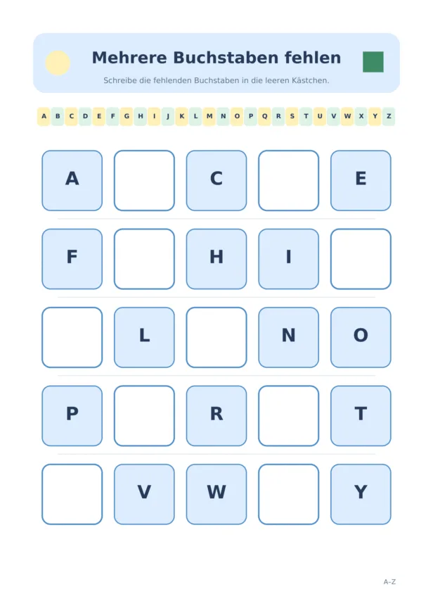 Fünf Buchstabenreihen von A bis Y mit jeweils zwei leeren Kästchen und einer Alphabetleiste als Hilfe.