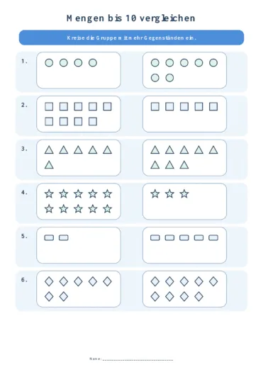 Sechs Aufgaben mit zwei Gruppen geometrischer Formen, bei denen Kinder jeweils die größere Menge bis 10 einkreisen.