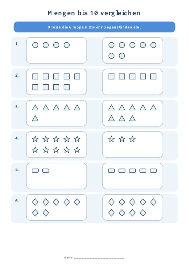 Sechs Aufgaben mit zwei Gruppen geometrischer Formen, bei denen Kinder jeweils die größere Menge bis 10 einkreisen.