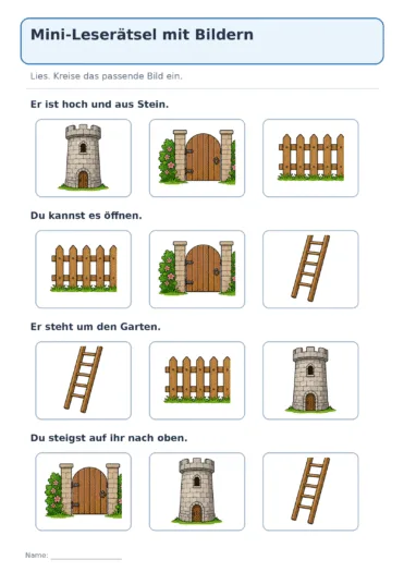 Vier einfache Leserätsel bieten jeweils drei Bildantworten.