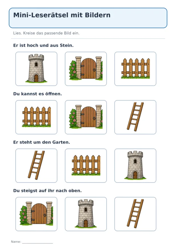 Vier einfache Leserätsel bieten jeweils drei Bildantworten.