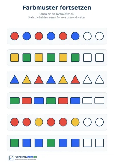 Sechs Farbmuster mit geometrischen Formen, die jeweils in zwei leeren Feldern mit den passenden Farben fortgesetzt werden.