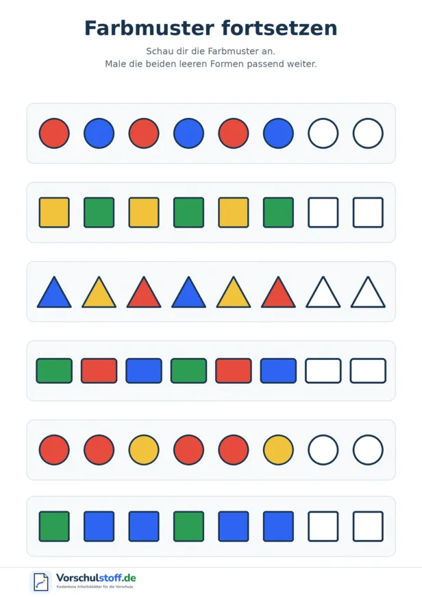 Sechs Farbmuster mit geometrischen Formen, die jeweils in zwei leeren Feldern mit den passenden Farben fortgesetzt werden.