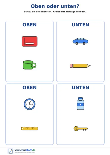 Arbeitsblatt mit vier großen Bildpaaren, bei denen Kinder je nach Aufgabe das Bild oben oder unten einkreisen.