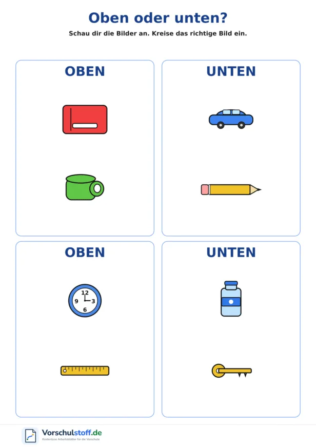 Arbeitsblatt mit vier großen Bildpaaren, bei denen Kinder je nach Aufgabe das Bild oben oder unten einkreisen.