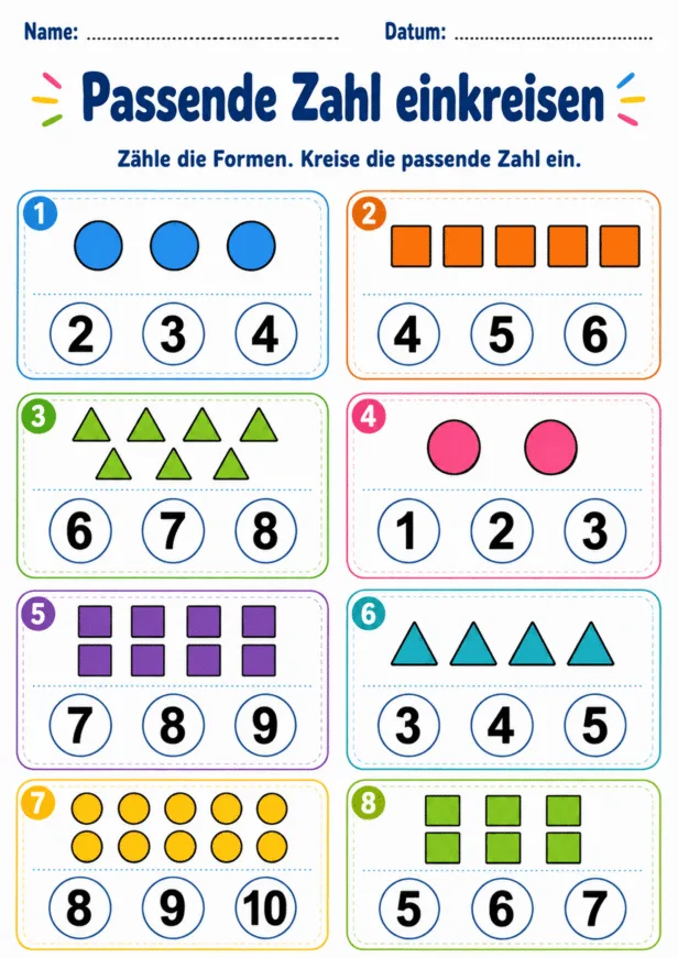Acht Aufgaben zum Zählen geometrischer Formen, bei denen jeweils die passende Zahl eingekreist wird.