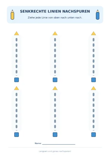 Sechs gestrichelte senkrechte Linien mit Startdreiecken und Zielquadraten zum Nachspuren.