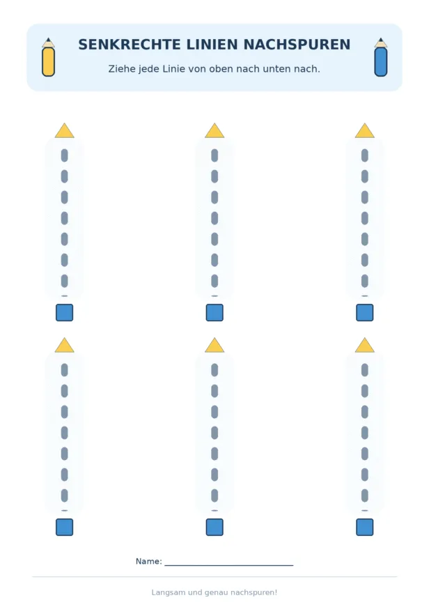 Sechs gestrichelte senkrechte Linien mit Startdreiecken und Zielquadraten zum Nachspuren.