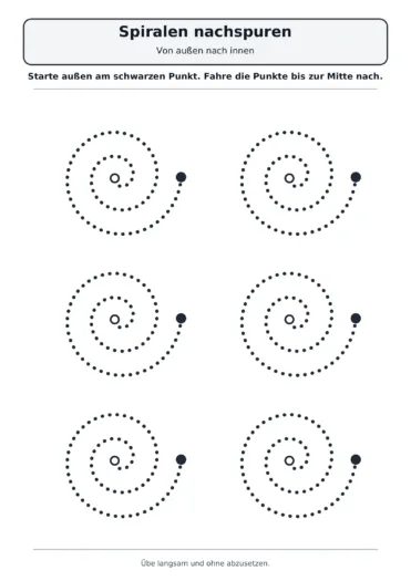Sechs große Spiralen aus Punkten mit schwarzem Startpunkt außen und weißem Zielpunkt in der Mitte zum Nachspuren.