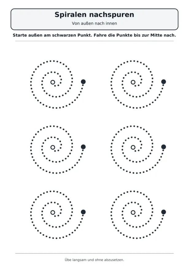 Sechs große Spiralen aus Punkten mit schwarzem Startpunkt außen und weißem Zielpunkt in der Mitte zum Nachspuren.