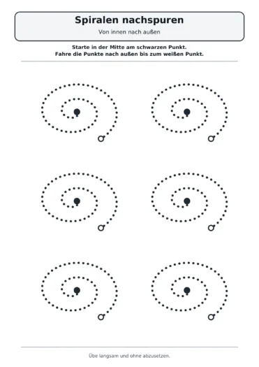 Sechs große ovale Spiralen aus Punkten mit schwarzem Startpunkt in der Mitte und weißem Zielpunkt außen zum Nachspuren.