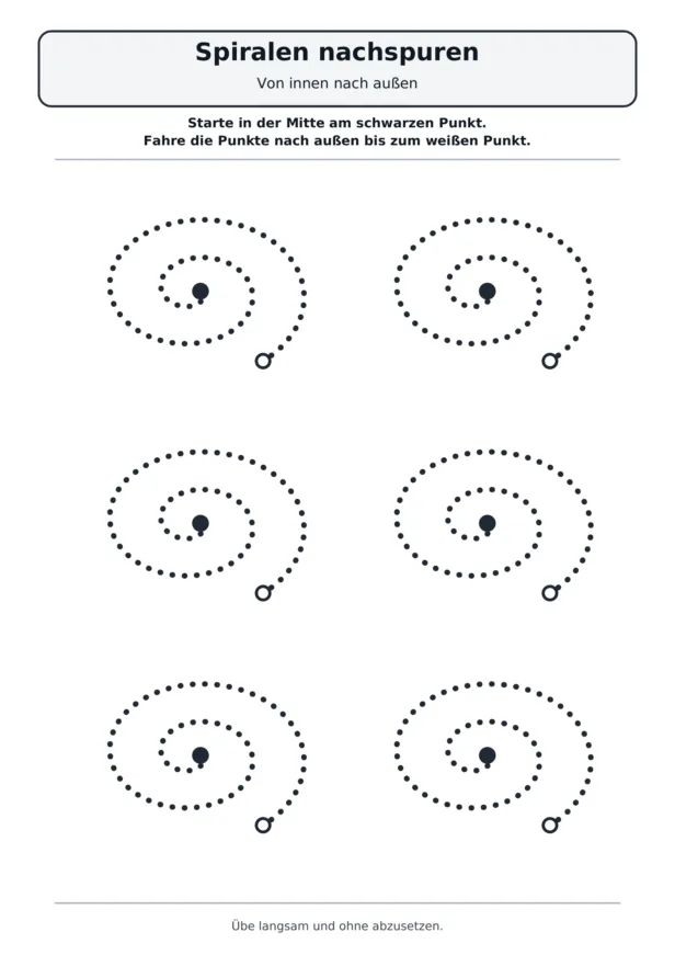 Sechs große ovale Spiralen aus Punkten mit schwarzem Startpunkt in der Mitte und weißem Zielpunkt außen zum Nachspuren.