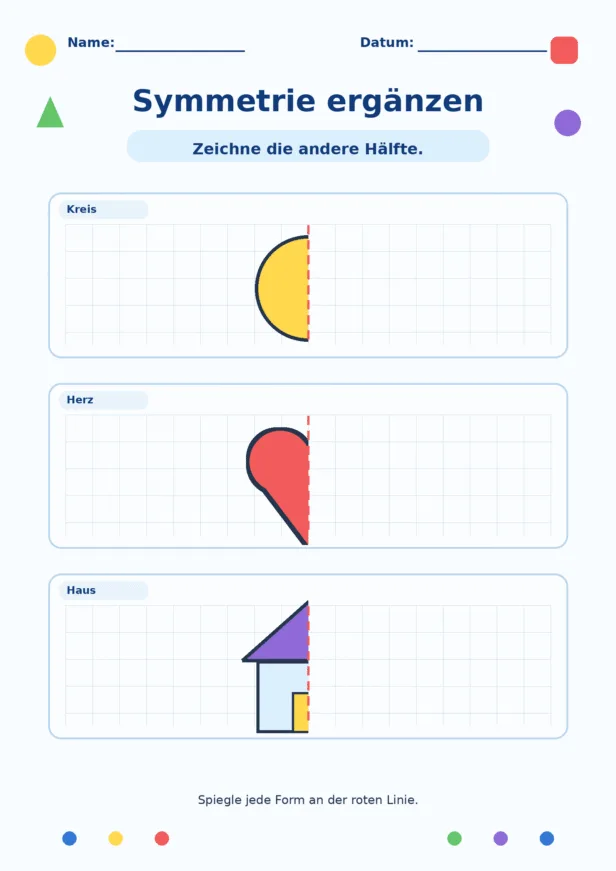 Symmetrie ergänzen Arbeitsblatt für Vorschule mit Kreis, Herz und Haus