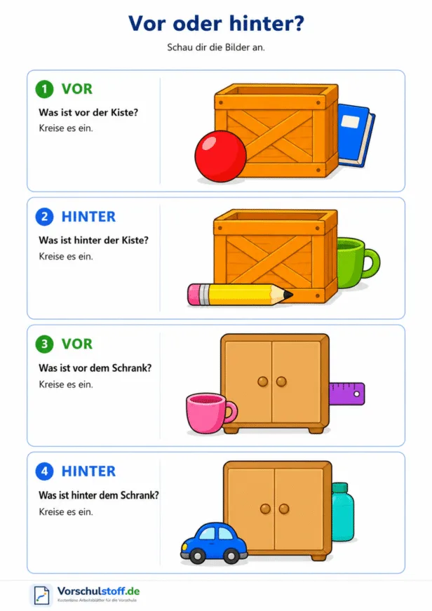 Arbeitsblatt mit vier farbigen Bildszenen, in denen Kinder erkennen, welcher Gegenstand vor oder hinter einer Kiste oder einem Schrank ist.