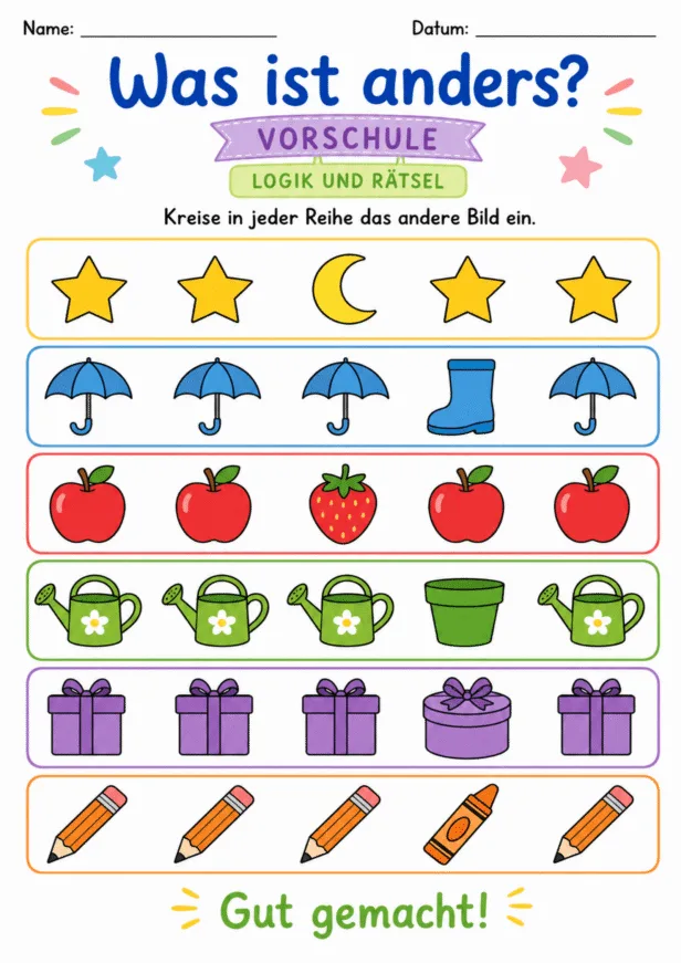 Was ist anders Vorschule Arbeitsblatt mit sechs Bilderrätseln