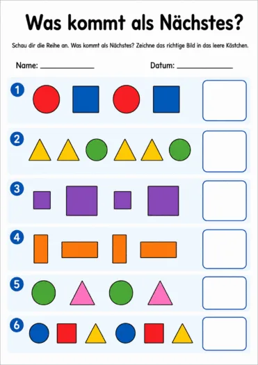 Sechs Bildreihen mit einfachen geometrischen Formen erkennen und das jeweils nächste Bild in das leere Kästchen einzeichnen.