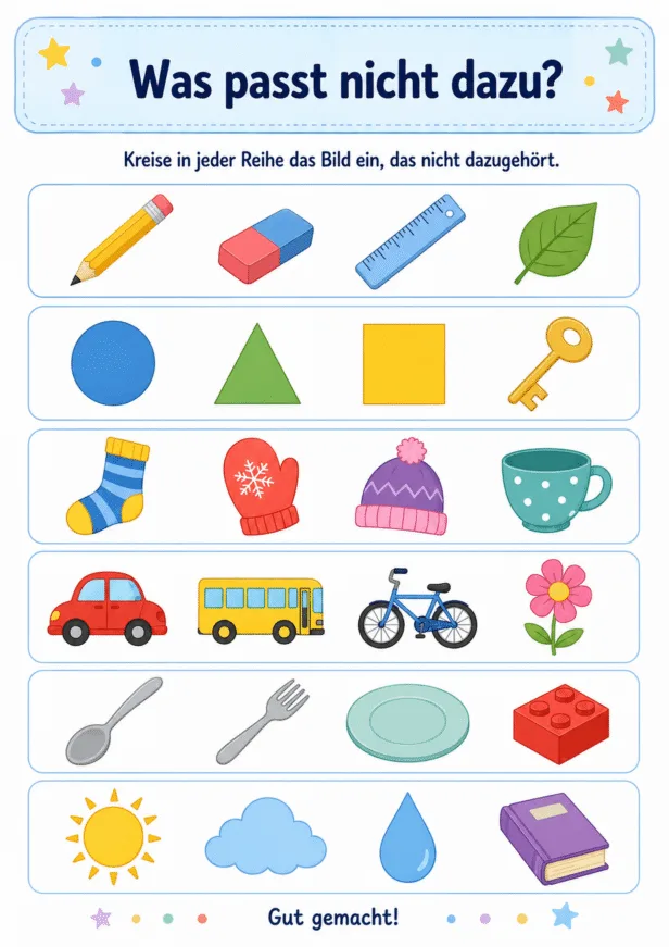 Was passt nicht dazu Vorschule Arbeitsblatt mit sechs Bilderrätseln