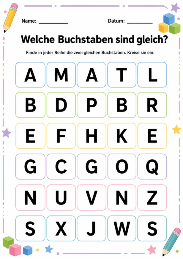 Sechs Buchstabenreihen, in denen jeweils zwei identische Großbuchstaben gefunden werden