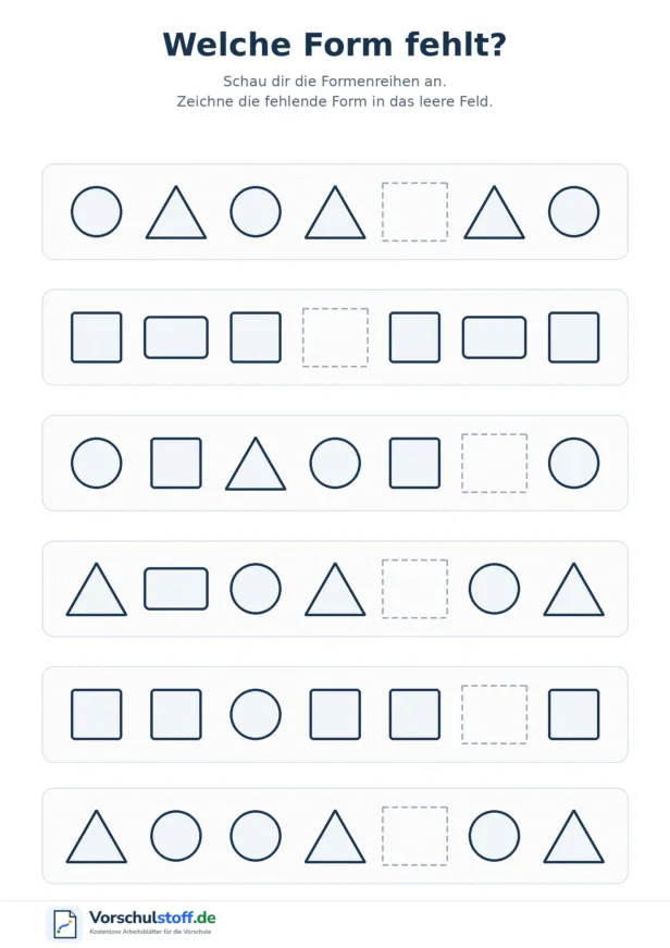 Sechs Formenreihen mit Kreisen, Dreiecken, Quadraten und Rechtecken, in denen jeweils eine geometrische Form fehlt.