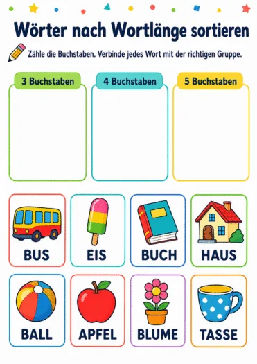 Farbiges Arbeitsblatt zum Sortieren von acht Wörtern nach drei, vier oder fünf Buchstaben.