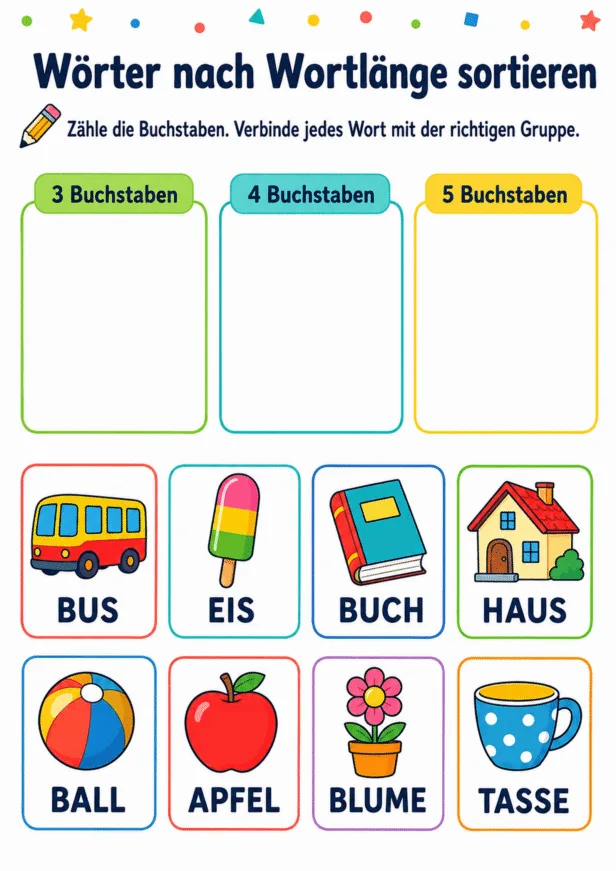 Farbiges Arbeitsblatt zum Sortieren von acht Wörtern nach drei, vier oder fünf Buchstaben.